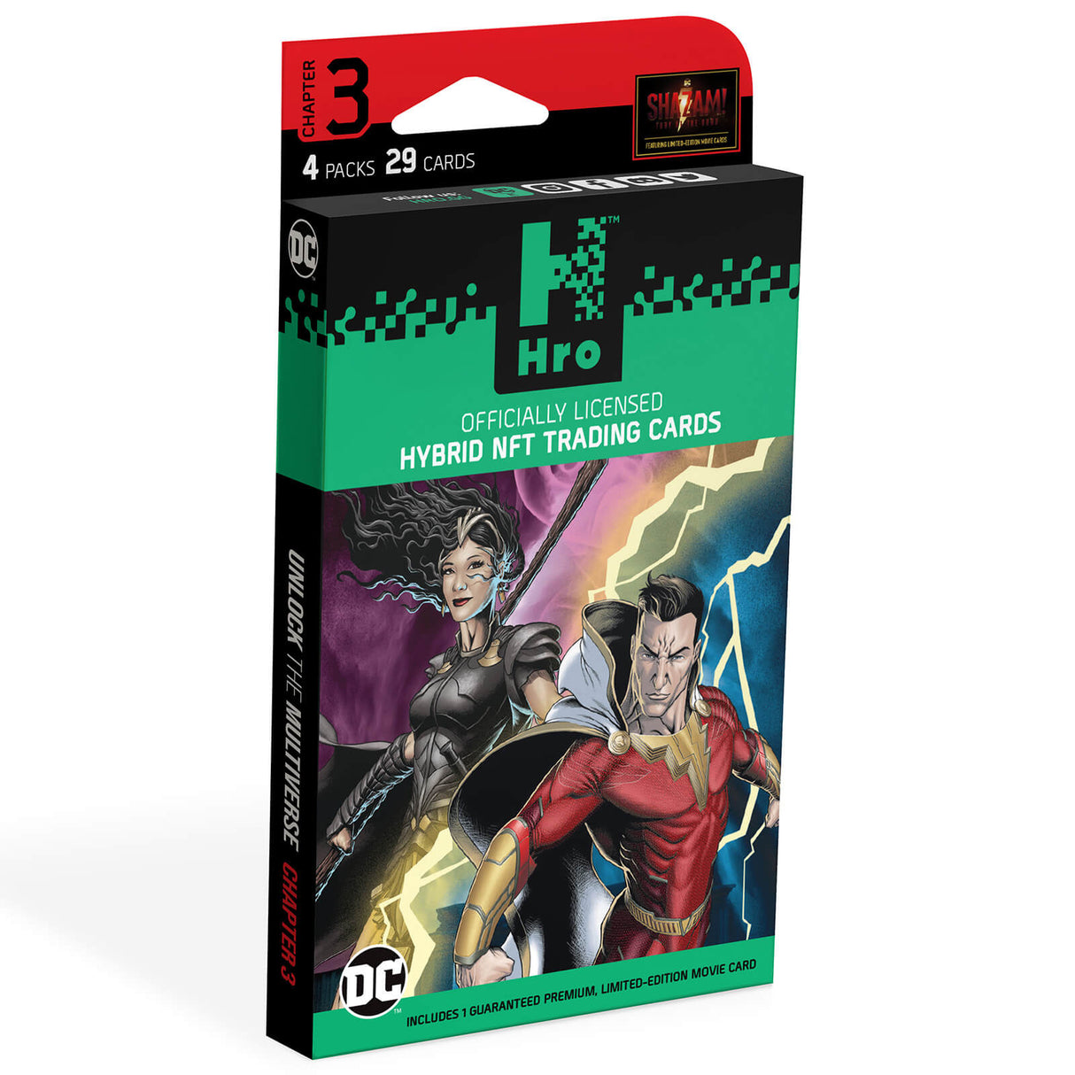 DC Unlock The Multiverse Chapter 3 Shazam 4-Pack Premium Box HRO Hybrid NFT Trading Cards, 29 Card
