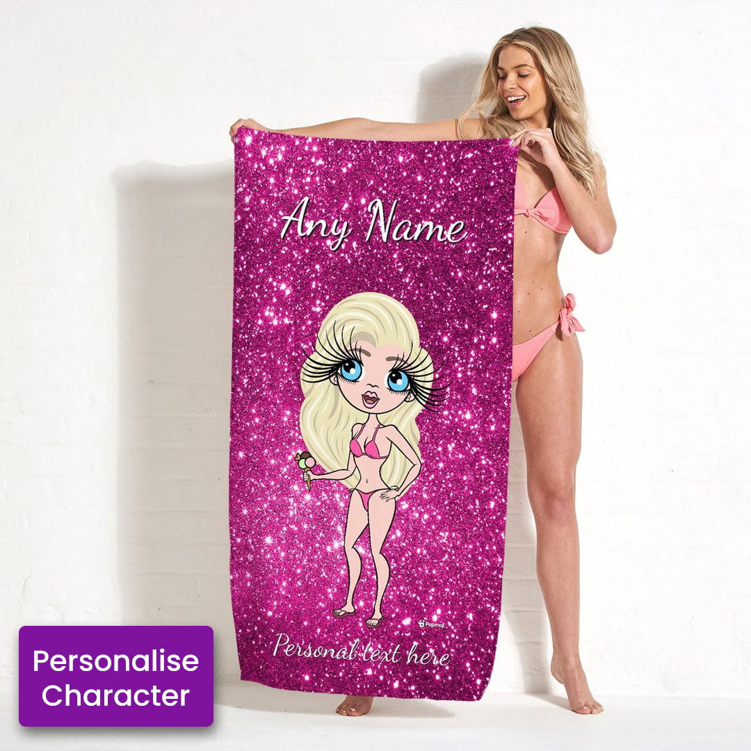 ClaireaBella Womens Personalised Beach Towel - Pink Glitter Print